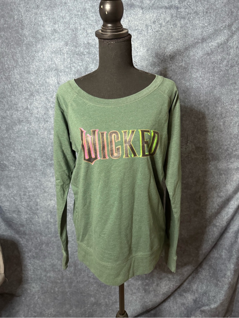 Green "WICKED" Scoop Neck Sweater with Multicolor Lettering